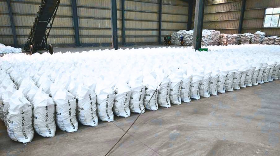 High-purity caustic soda bags ready for quality inspection before shipment.