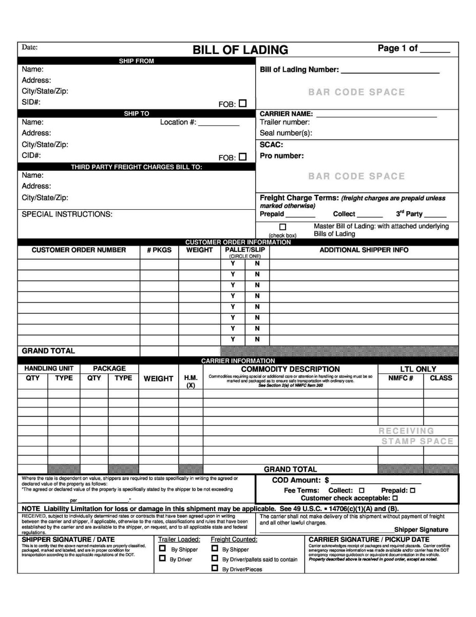 A copy of a Bill of Lading
