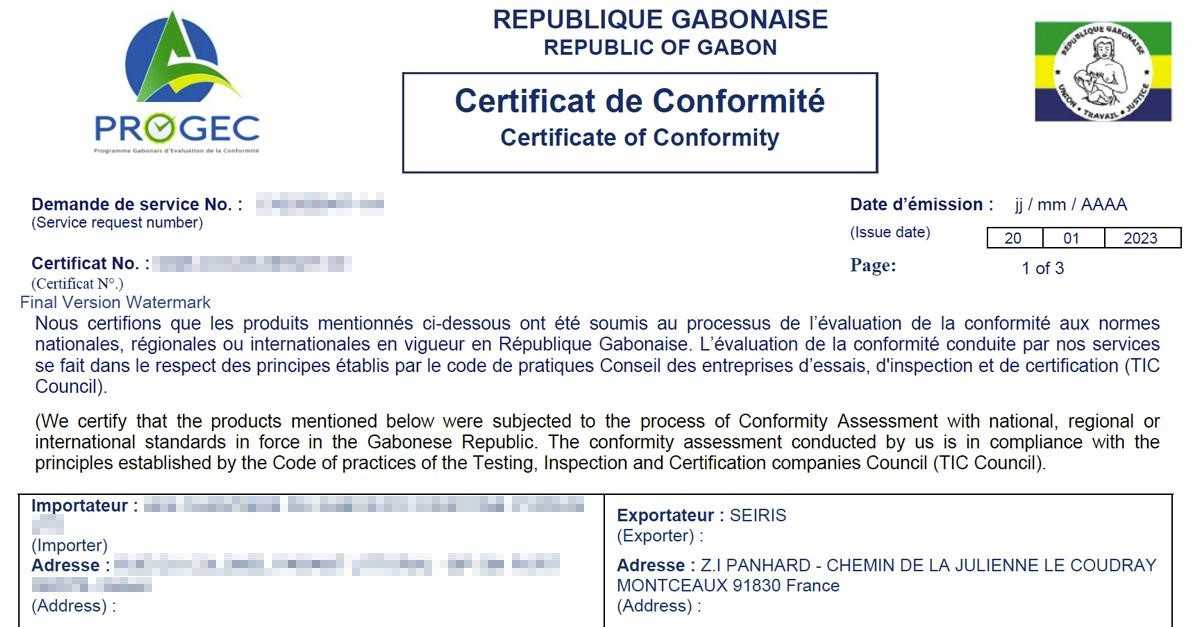A copy of the Gabonese certificate of conformity