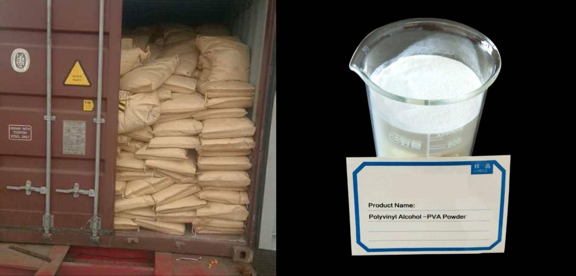 Battery binder chemicals (PVA) being loaded in container for shipping – Camachem 