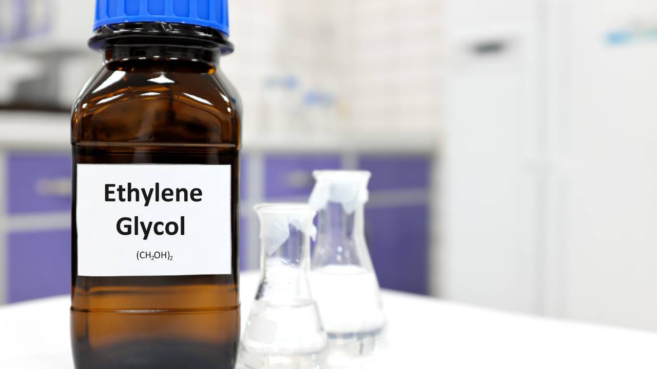bottle of liquid ethylene glycol