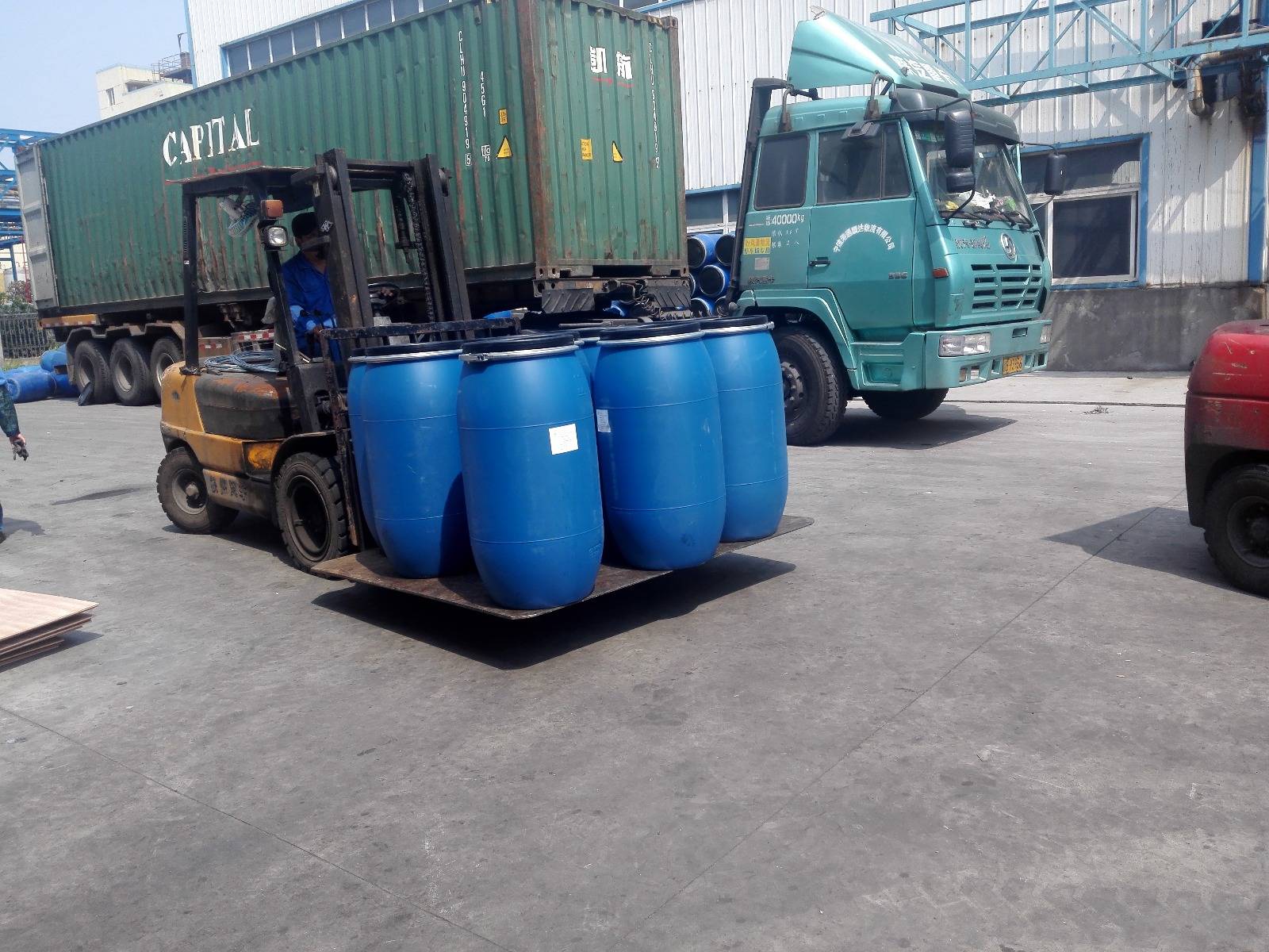 Sodium Lauryl Ether Sulfate (SLES) barrels being loaded for shipment at manufacturing facility