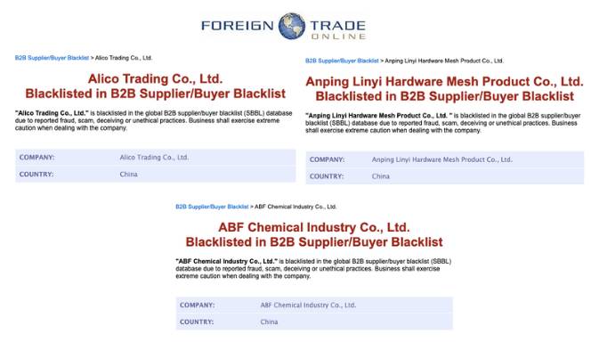 Each year, chemical buyers lose millions to scam Chinese suppliers like these blacklisted here.