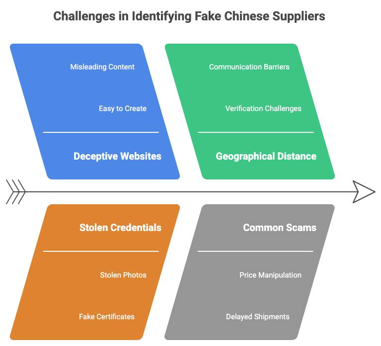 Why Fake Chinese Suppliers Are Hard to Spot? Fake websites, stolen photos, and cheap deals are common traps. Infographic to show those challenges.