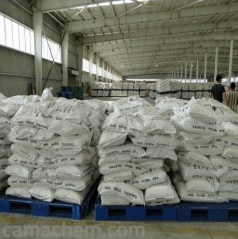 Large quantities of sodium hydroxide stored in a warehouse.