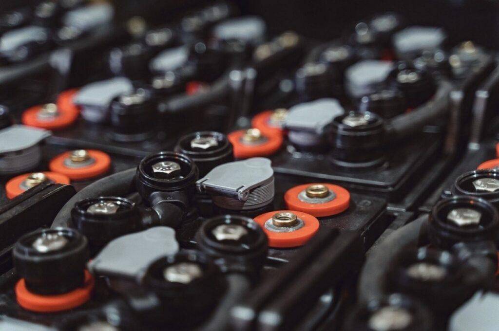 Battery chemicals in energy storage systems – close-up of industrial battery units