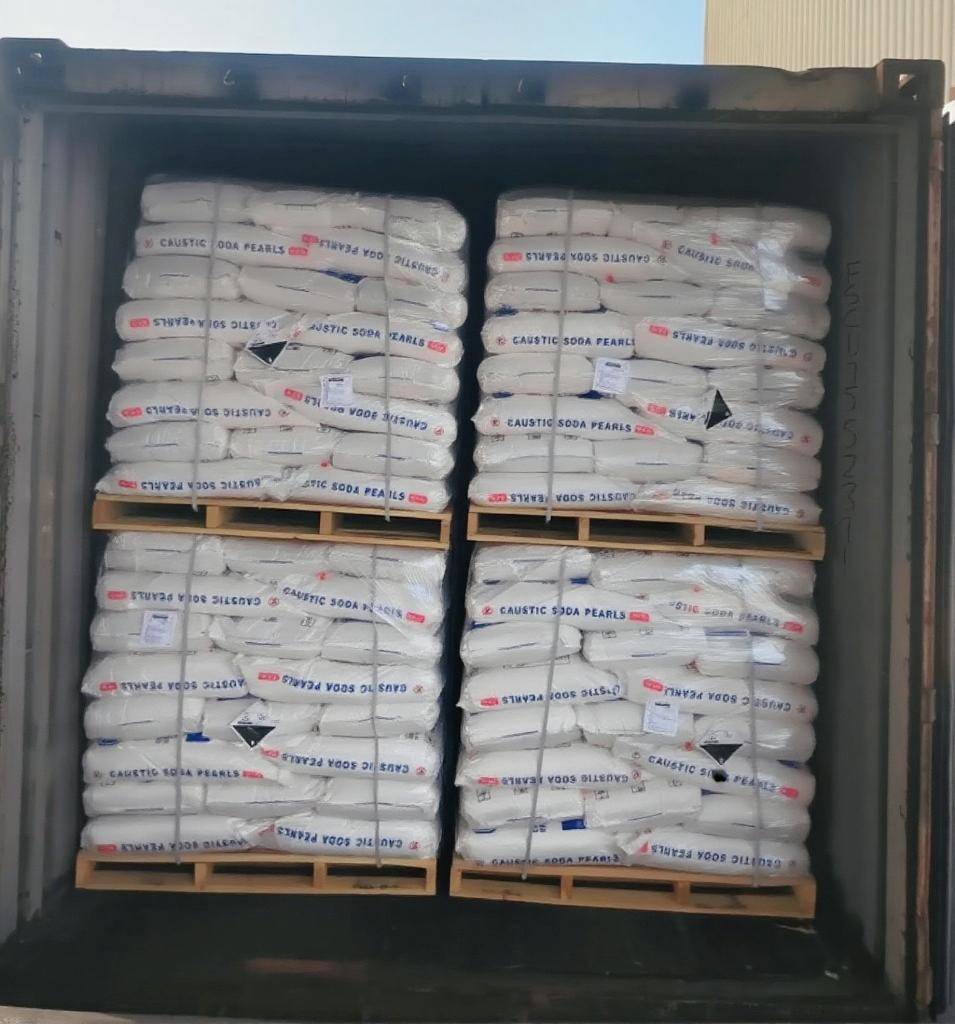 Camachem caustic soda pearls loaded for export in standard pallets